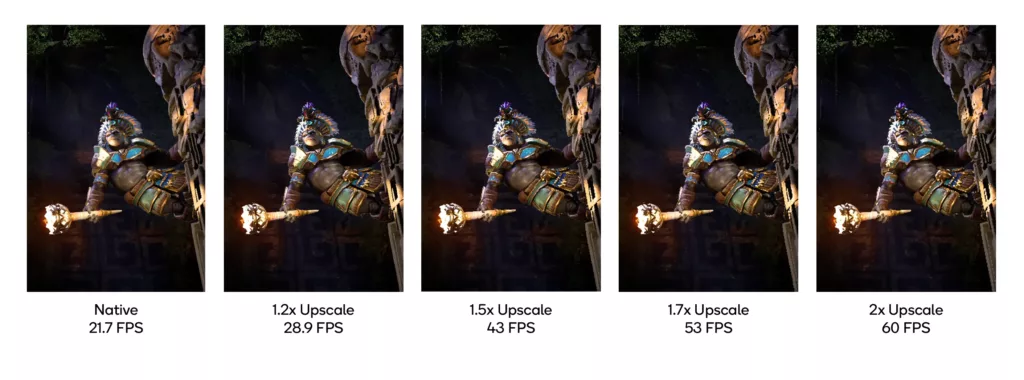 Image quality comparison between Native (1080p) resolution vs. two-times upscaling using Snapdragon GSR and bilerp. “Input” shows the half resolution (540p) target used as input for upscaling as reference.