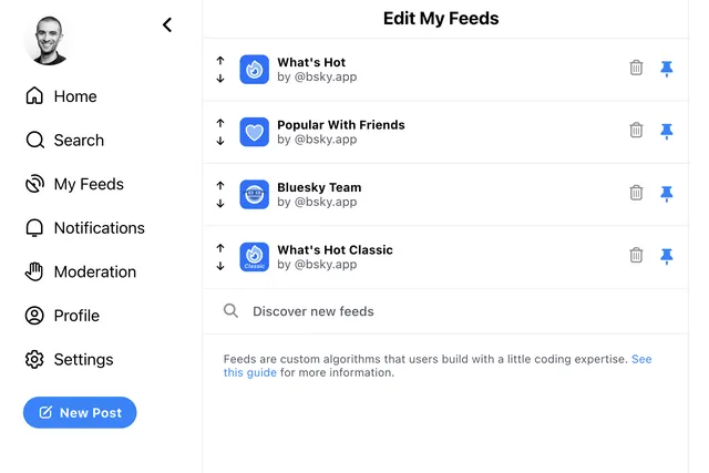 A new “custom feeds” feature from Bluesky enables users to subscribe to various algorithms and create their own for use by others.